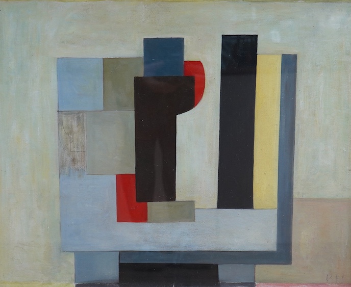 A decorative oil on board, abstract composition, Geometric shapes, 43 x 53cm. Condition - good